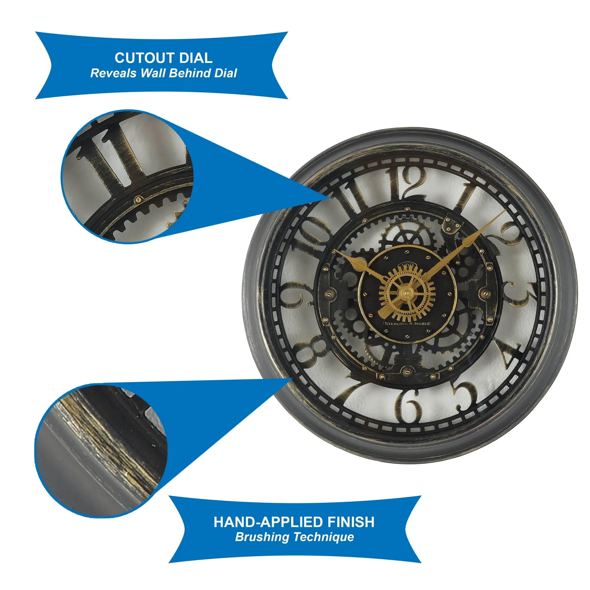 Indoor Round Bronze Cutout Gear Industrial Analog Wall Clock - Image 2